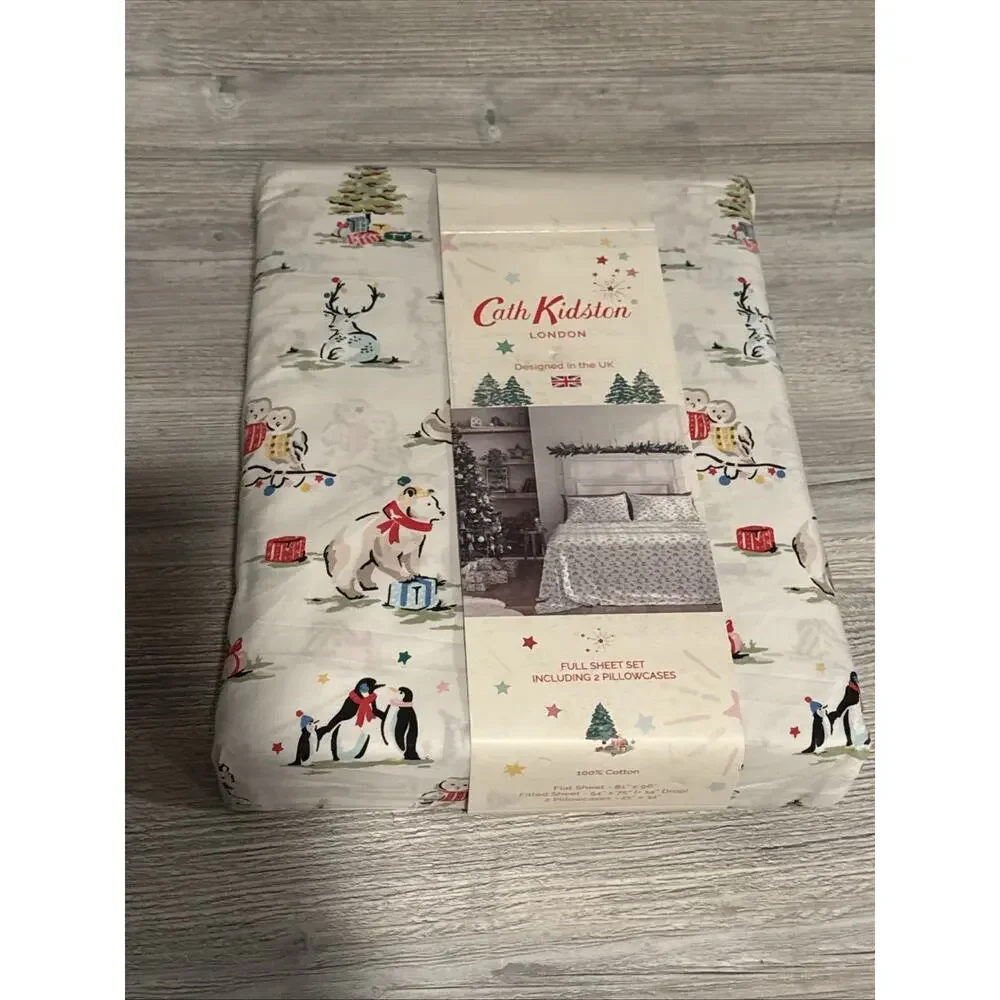 Cath Kidston London Christmas Animals Cream FULL 4 Pc Sheet Set 100% Cotton NEW